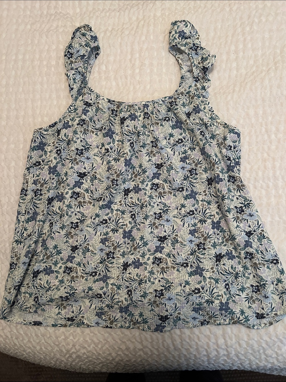 Women's Floral Ruffle-Strap Tank Top — Blue & Green
